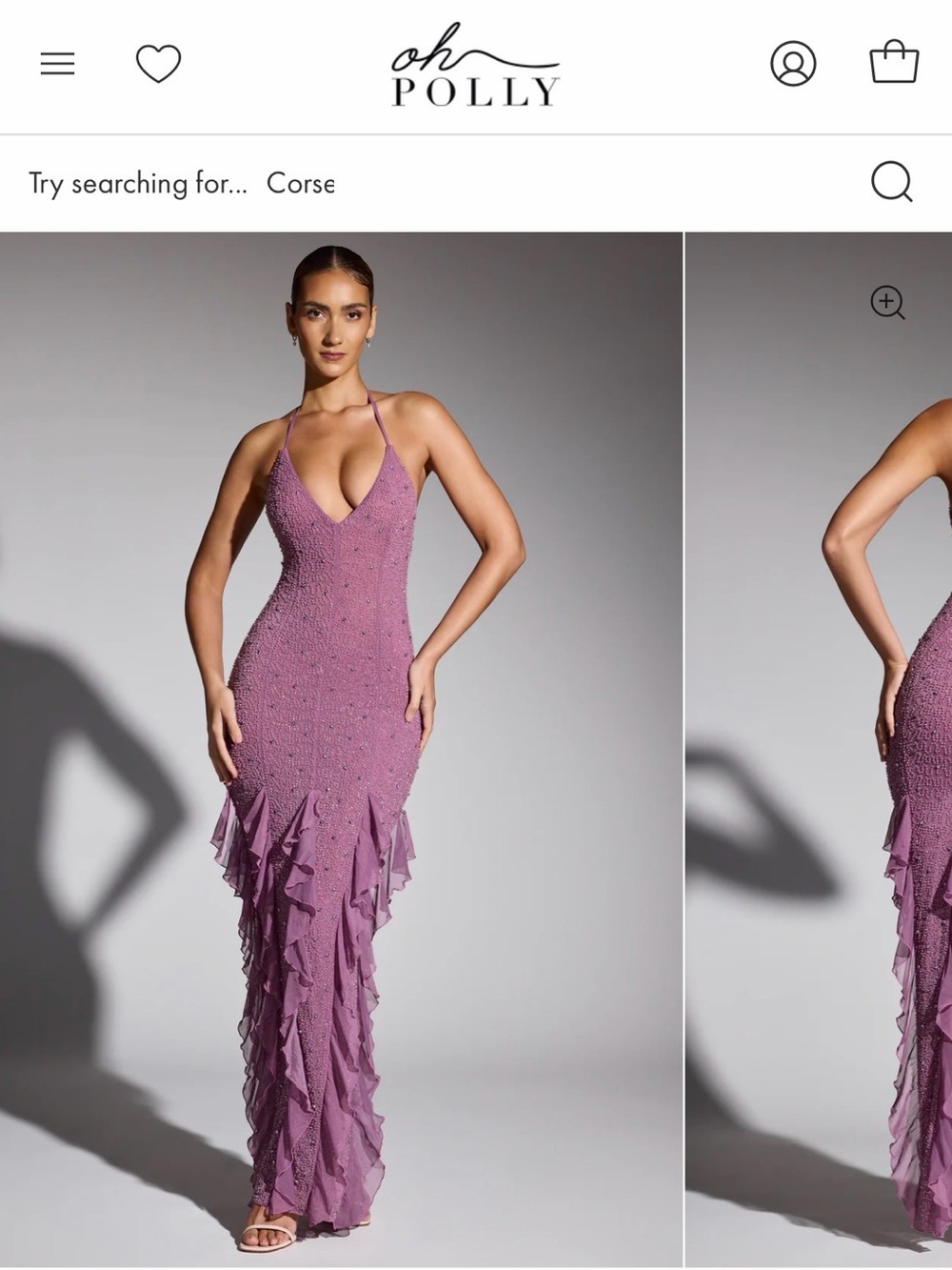 Oh Polly Mauve Beaded Halter Ruffle Maxi Dress